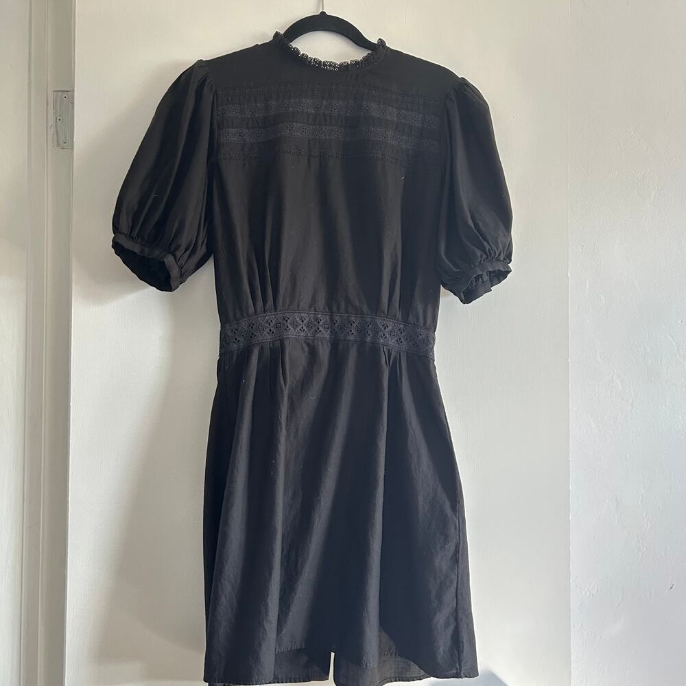 Matin Black Cotton Eyelet Lace Puff Sleeve Button Front Dress US 4
